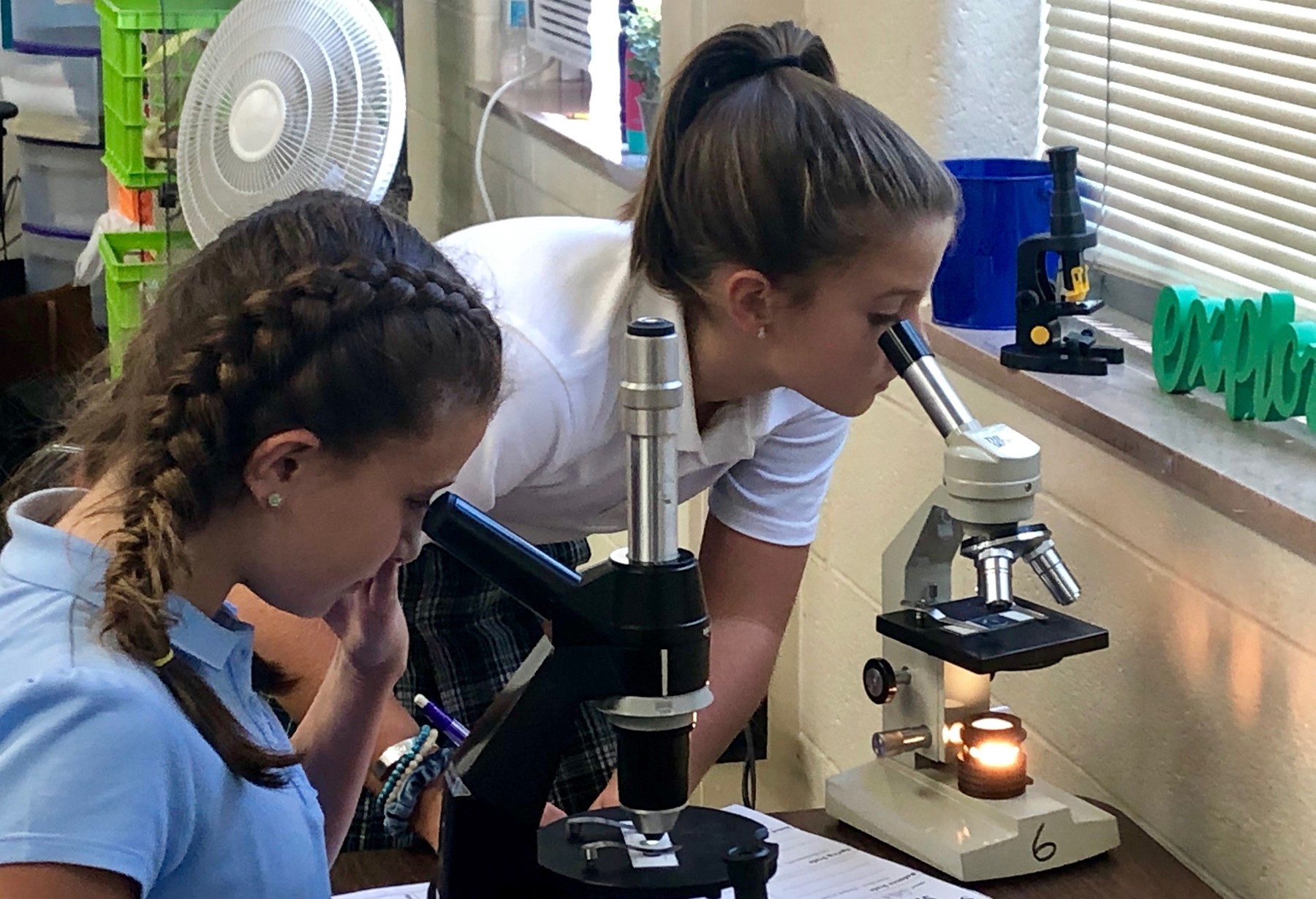 girls looking at microscope